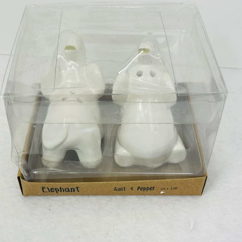 White Ceramic Elephant Salt and Pepper Shaker Set Gold Accents New in Box